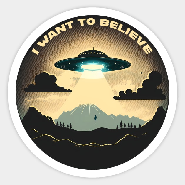 I Want to Believe UFO Spaceship in the Sky with Abduction Sticker by TheJadeCat